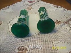 Daffodil Hand Painted Set Of 2 Matching Green Glass Tall Vintage Floral Vases