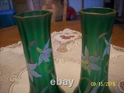 Daffodil Hand Painted Set Of 2 Matching Green Glass Tall Vintage Floral Vases