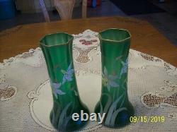 Daffodil Hand Painted Set Of 2 Matching Green Glass Tall Vintage Floral Vases