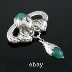 Danish Art Nouveau Silver Brooch with Green Agate