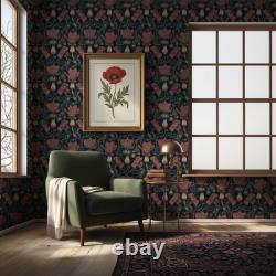 Dark Botanical Art Nouveau Wallpaper Red Green Floral Peel and Stick Wall Mural