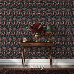 Dark Botanical Art Nouveau Wallpaper Red Green Floral Peel and Stick Wall Mural