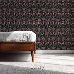 Dark Botanical Art Nouveau Wallpaper Red Green Floral Peel and Stick Wall Mural