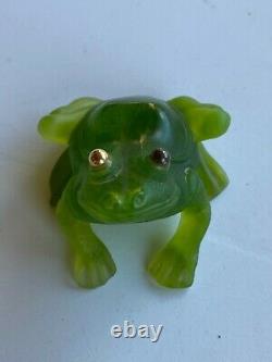 Daum Crystal Green Sitting Frog-grenouille With Gold Eyes Signed