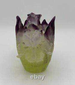 Daum France Crystal Iris Vase Green Purple Pate De Verre Signed 5.1H L5.1 W3.1