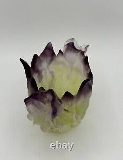 Daum France Crystal Iris Vase Green Purple Pate De Verre Signed 5.1H L5.1 W3.1