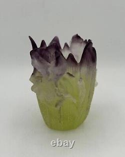 Daum France Crystal Iris Vase Green Purple Pate De Verre Signed 5.1H L5.1 W3.1