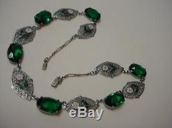 Deco Art Nouveau Filigree Enamel Emerald Green Open Stone Vintage Choker