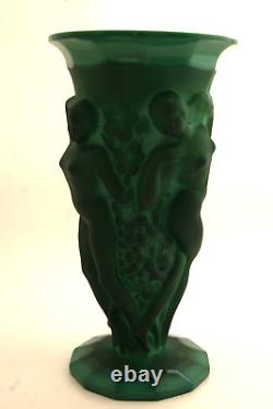 Desná Art Nouveau Malachite Art Glass Vase with Nude Bacchantes Figures withCOA