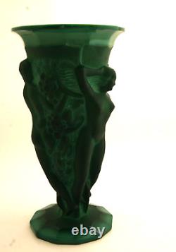 Desná Art Nouveau Malachite Art Glass Vase with Nude Bacchantes Figures withCOA