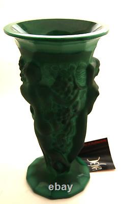 Desná Art Nouveau Malachite Art Glass Vase with Nude Bacchantes Figures withCOA
