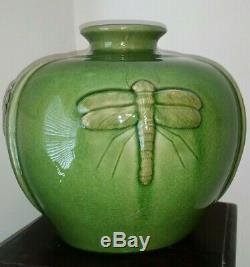 Dragonfly Squat Vase Green Crackle Glaze Pottery Vintage 12 LARGE