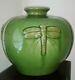 Dragonfly Squat Vase Green Crackle Glaze Pottery Vintage 12 Large