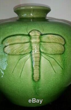 Dragonfly Squat Vase Green Crackle Glaze Pottery Vintage 12 LARGE