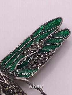 Dragonfly brooch vintage art nouveau sterling silver enamel & marcasite HUGE