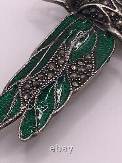 Dragonfly brooch vintage art nouveau sterling silver enamel & marcasite HUGE
