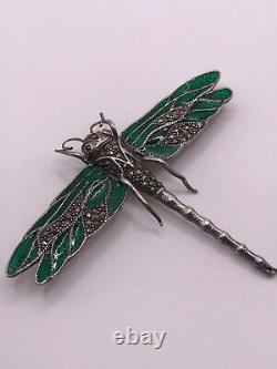 Dragonfly brooch vintage art nouveau sterling silver enamel & marcasite HUGE