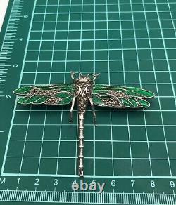 Dragonfly brooch vintage art nouveau sterling silver enamel & marcasite HUGE