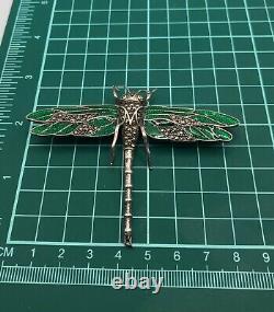 Dragonfly brooch vintage art nouveau sterling silver enamel & marcasite HUGE