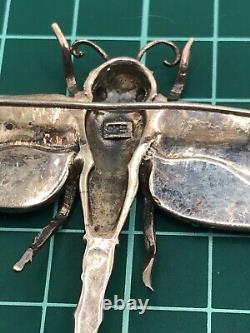 Dragonfly brooch vintage art nouveau sterling silver enamel & marcasite HUGE