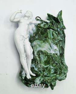 Dresden White/Green Marbleized Art Nouveau Figural Lady, Butterflies Wall Pocket