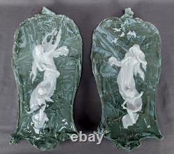 Dresden White & Green Marbleized Art Nouveau Figural Lady & Cherub Wall Plaques