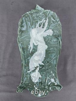 Dresden White & Green Marbleized Art Nouveau Figural Lady & Cherub Wall Plaques