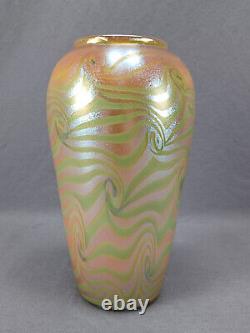 Durand King Tut Shape # 1722 Orange & Yellow Green Iridescent Art Glass Vase
