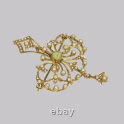 EDWARDIAN PERIDOT & PEARL PENDANT Antique 15ct Gold Art Nouveau Brooch circa1910