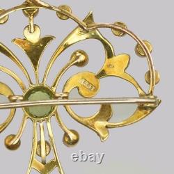EDWARDIAN PERIDOT & PEARL PENDANT Antique 15ct Gold Art Nouveau Brooch circa1910