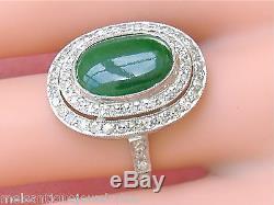 ESTATE ART DECO 3ct GREEN JADE 1.20ctw DIAMOND HALO PLATINUM OVAL COCKTAIL RING