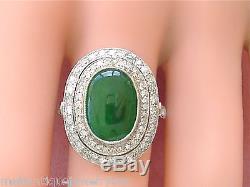ESTATE ART DECO 3ct GREEN JADE 1.20ctw DIAMOND HALO PLATINUM OVAL COCKTAIL RING