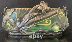 Early 20th C. Art Nouveau Glass Painted Bowl In Vanhauten Pewter Floral Holder