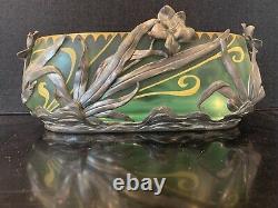 Early 20th C. Art Nouveau Glass Painted Bowl In Vanhauten Pewter Floral Holder