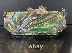 Early 20th C. Art Nouveau Glass Painted Bowl In Vanhauten Pewter Floral Holder