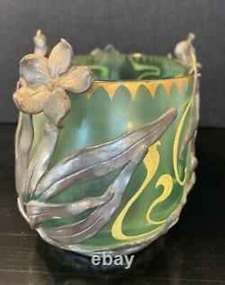 Early 20th C. Art Nouveau Glass Painted Bowl In Vanhauten Pewter Floral Holder