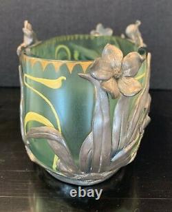 Early 20th C. Art Nouveau Glass Painted Bowl In Vanhauten Pewter Floral Holder