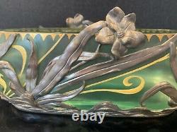 Early 20th C. Art Nouveau Glass Painted Bowl In Vanhauten Pewter Floral Holder