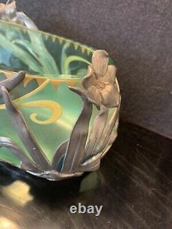 Early 20th C. Art Nouveau Glass Painted Bowl In Vanhauten Pewter Floral Holder