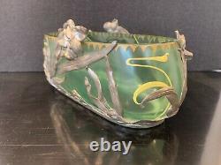 Early 20th C. Art Nouveau Glass Painted Bowl In Vanhauten Pewter Floral Holder