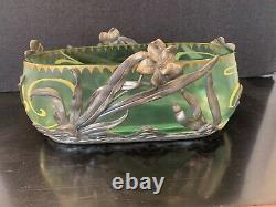 Early 20th C. Art Nouveau Glass Painted Bowl In Vanhauten Pewter Floral Holder