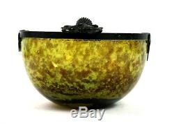 Early 20th C. French Art Glass Bowl Green Brown Sweet Chestnut Gilt Mounts Leaf