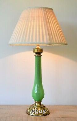 Early 20th C French Green Glass Column Brass Side Console Table Hall Lamp