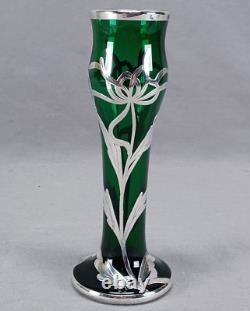 Early 20th Century American Sterling Overlay Art Nouveau Floral Green Glass Vase