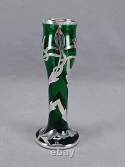 Early 20th Century American Sterling Overlay Art Nouveau Floral Green Glass Vase