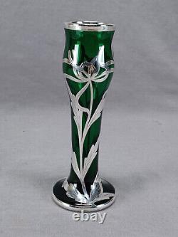 Early 20th Century American Sterling Overlay Art Nouveau Floral Green Glass Vase