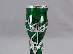Early 20th Century American Sterling Overlay Art Nouveau Floral Green Glass Vase