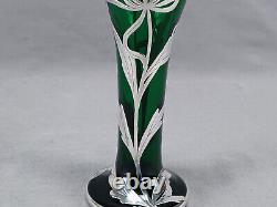 Early 20th Century American Sterling Overlay Art Nouveau Floral Green Glass Vase