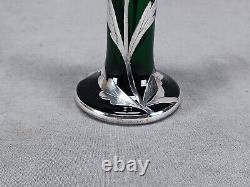 Early 20th Century American Sterling Overlay Art Nouveau Floral Green Glass Vase