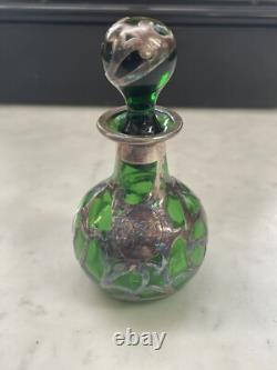 Early 20th Century Art Nouveau Green Sterling Silver Overlay Perfume Bottle